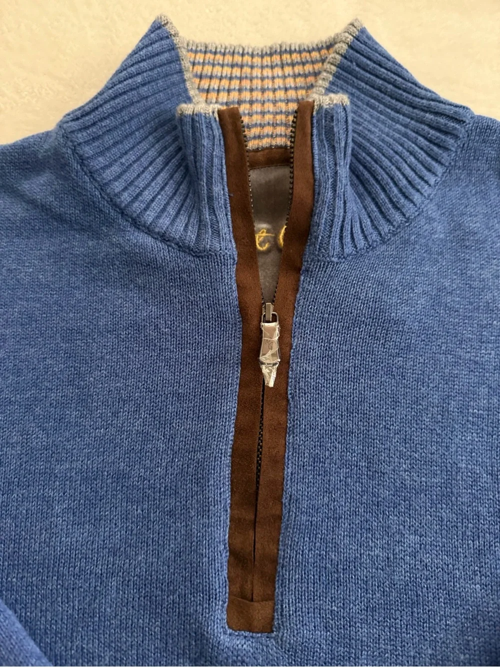 Robert Graham Men's Blue Quarter-Zip Cotton Long Sleeve Sweater with Brown Trim